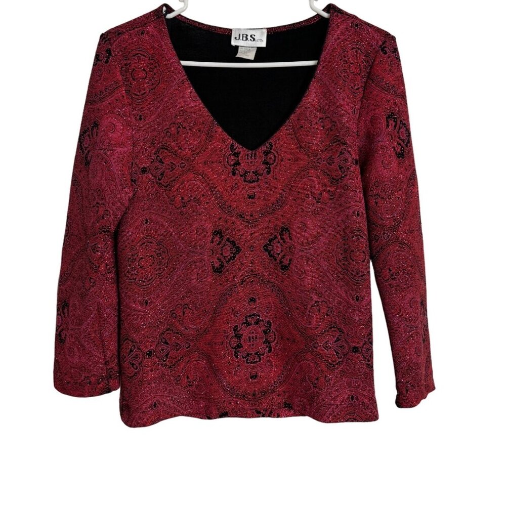 JBS LTD Red Black Shimmer Top Size Small V Neck Long Sleeve Stretchy